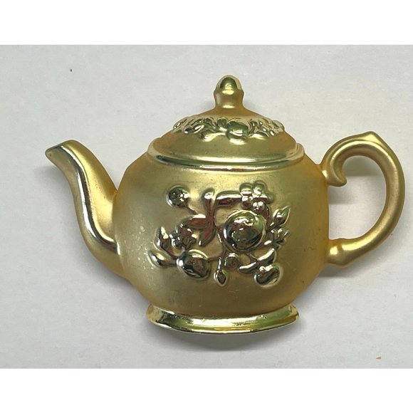 Vintage Gold Tone Teapot Floral  Brooch Pin 2.5" Across - Picture 6 of 6
